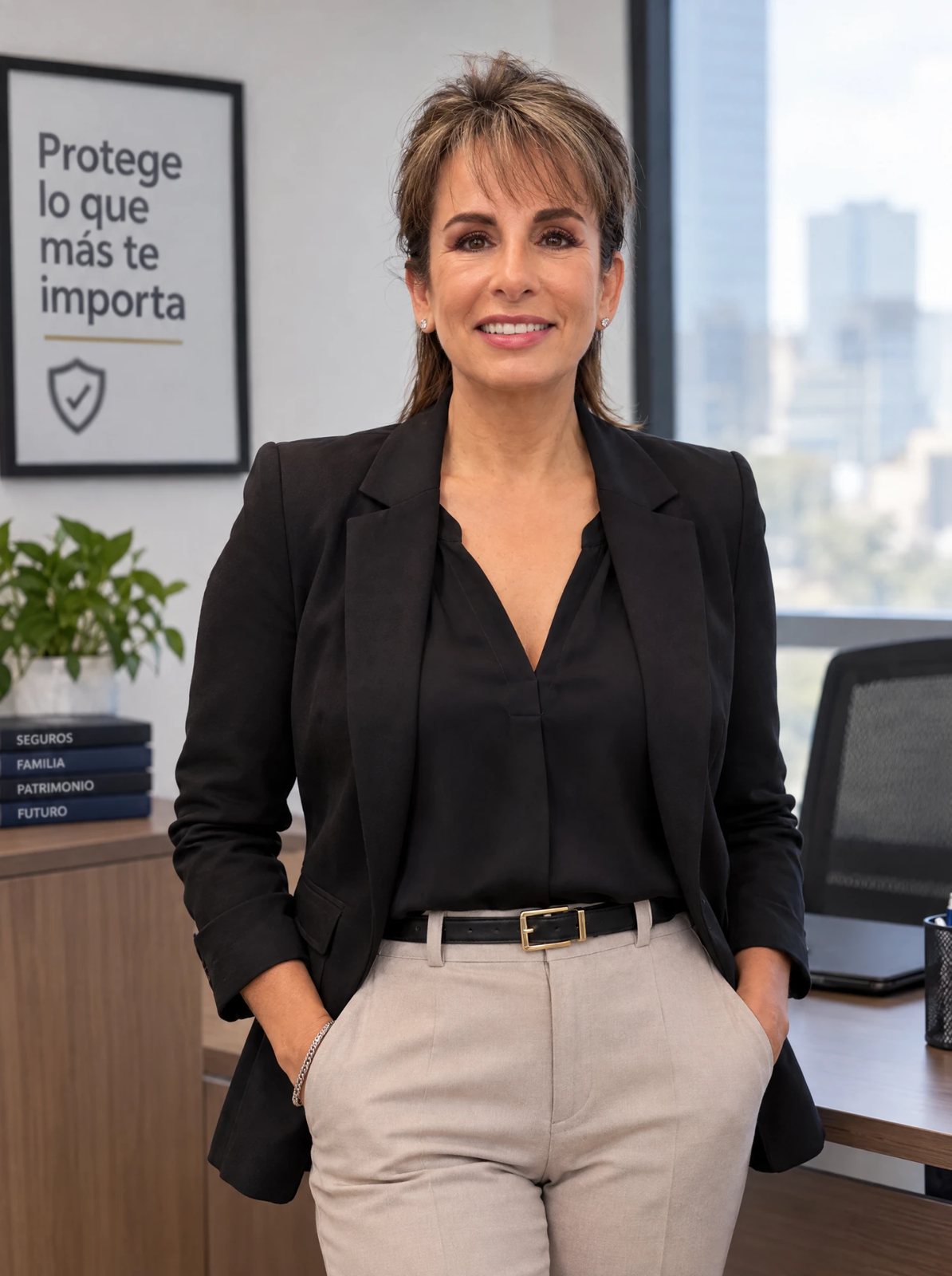 Yolanda Moreno, asesora de seguros, de pie en su oficina con una sonrisa tranquila